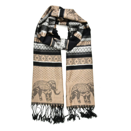 Stort Tørklæde med Elefantmotiver i Sorte og Brune Nuancer