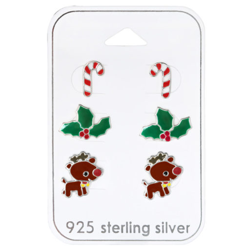 3 Sæt Jule Ørestikker Slikstok Rensdyr Kristtjørn 925 Sterling Silver
