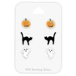 3 Sæt Halloween Ørestikker Græskar - Kat - Spøgelse 925 Sterling Sølv